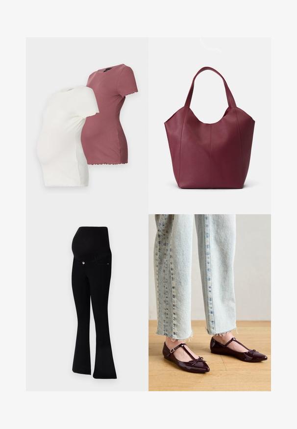 Deux t-shirts de maternité en blanc et bordeaux, dotés de manches courtes, d'un col rond et de détails en ourlet festonné.; Jeans de maternité noirs avec un design à jambes évasées, en tissu doux, une taille haute pour un bon maintien et une fermeture à bouton à l'avant.; Ballerines bordeaux brillantes avec une bride en T, ornées d'un nœud à l'avant. Portées avec un jean court en denim bleu clair.; Sac fourre-tout en cuir bordeaux avec deux poignées robustes, présentant une texture lisse et un design effilé avec des détails de couture à l'avant.