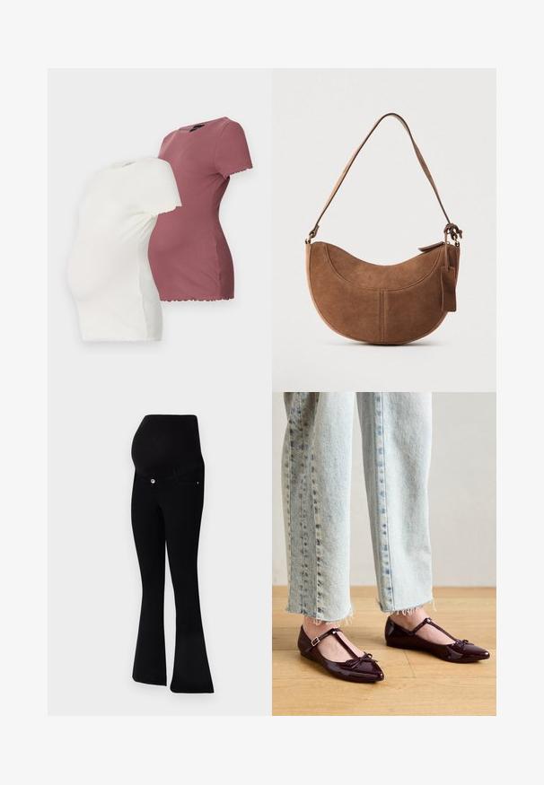 Deux t-shirts de maternité en blanc et bordeaux, dotés de manches courtes, d'un col rond et de détails en ourlet festonné.; Jeans de maternité noirs avec un design à jambes évasées, en tissu doux, une taille haute pour un bon maintien et une fermeture à bouton à l'avant.; Ballerines bordeaux brillantes avec une bride en T, ornées d'un nœud à l'avant. Portées avec un jean court en denim bleu clair.; Sac à main en daim marron de forme courbée en demi-lune. Il est doté d'une bandoulière, d'une petite étiquette et de coutures visibles le long des bords.