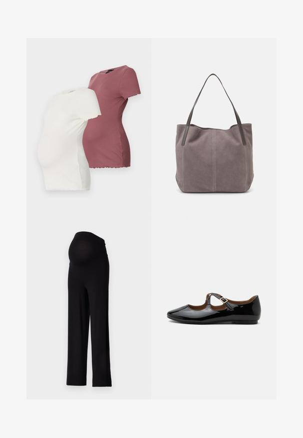 Deux t-shirts de maternité en blanc et bordeaux, dotés de manches courtes, d'un col rond et de détails en ourlet festonné.; Pantalons de maternité noirs avec une taille extensible et ajustée et un design à jambes larges. Fabriqués en tissu doux, offrant confort et soutien.; Chaussure plate Mary Jane en cuir verni noir avec deux découpes et une bride à boucle dorée sur fond blanc.; Sac fourre-tout en suédine grise avec deux poignées en cuir foncé. Présente des coutures sur les côtés, une texture douce et une ouverture spacieuse.
