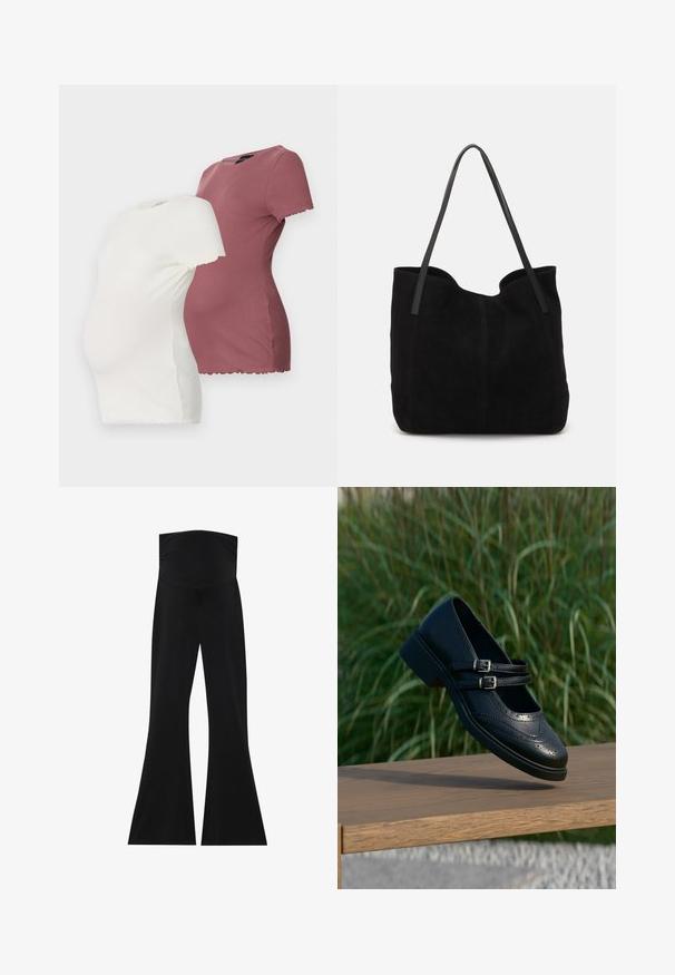 Deux t-shirts de maternité en blanc et bordeaux, dotés de manches courtes, d'un col rond et de détails en ourlet festonné.; Pantalons évasés noirs avec une taille haute, fabriqués en tissu extensible. Présentent une texture lisse et un design simple et minimaliste.; Chaussure Mary Jane en cuir noir avec doubles brides bouclées et détails brogue, flottant au-dessus d'un banc en bois avec en arrière-plan de l'herbe verte.; Sac fourre-tout en suède noir avec deux longues anses en cuir plates. Présente un bord supérieur incurvé et des coutures visibles sur le devant. Pas d'accents en métal.