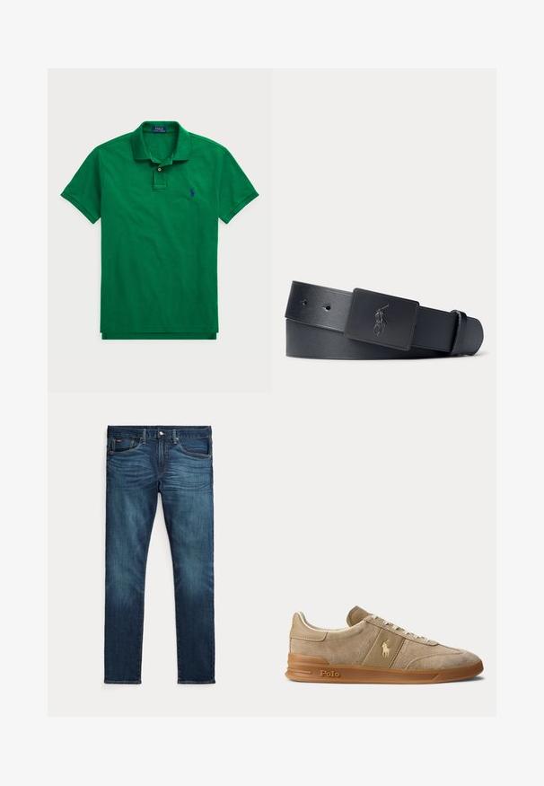 Roheline polo särgid, mis on valmistatud puuvillast, klassikalise krae, nööbivarruga, lühikeste varrukatega ja sinise tikandiga logo rinnal.; Tumesinised kitsad teksad esiküljel nööbi ja tõmblukuga, viie taskuga ning peene tuhmumisega reite ja põlvede eesosas.; Beež color veluurist ja nahast madala säärega toss kummikõrrega, valgete paelte ja Polo logoga küljel ning tallal.; Mustast nahast vöö musta ristkülikukujulise luku ja reljeefse polo mängija logoga.