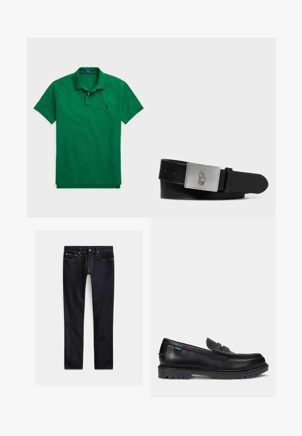 Zelená polo košeľa vyrobená z bavlny, s klasickým golierom, gombíkovou légou, krátkymi rukávmi a modrou vyšitou nášivkou na hrudi.; Tmavomodré slim-fit džínsy s piatimi vreckami, zapínaním na gombíky a kontrastným prešívaním, položené na svetlom pozadí.; Čierny kožený mokasín s hrubou drsnou podrážkou a malou zelenou značkou "Polo" na vonkajšej strane pri päte.; Čierny kožený opasok s obdĺžnikovou striebornou kovovou prackou s vyrazeným logom jazdca, hladkou textúrou a piatimi otvormi na opasok.