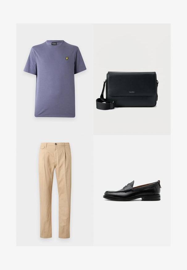 T-shirt en coton violet avec un col rond, des manches courtes et un petit logo brodé jaune sur la poitrine. Texture lisse.; Pantalons en coton beige à jambe droite pour homme, avec poches avant, passants de ceinture, fermeture à bouton et zip, sur fond blanc.; Mocassin homme en cuir noir avec couture moc toe, bride penny, col texturé et petit talon empilé sur fond blanc.; Sac messager en cuir noir à surface texturée, avec une bandoulière ajustable et un rabat avant affichant un logo discret. Forme compacte et rectangulaire.