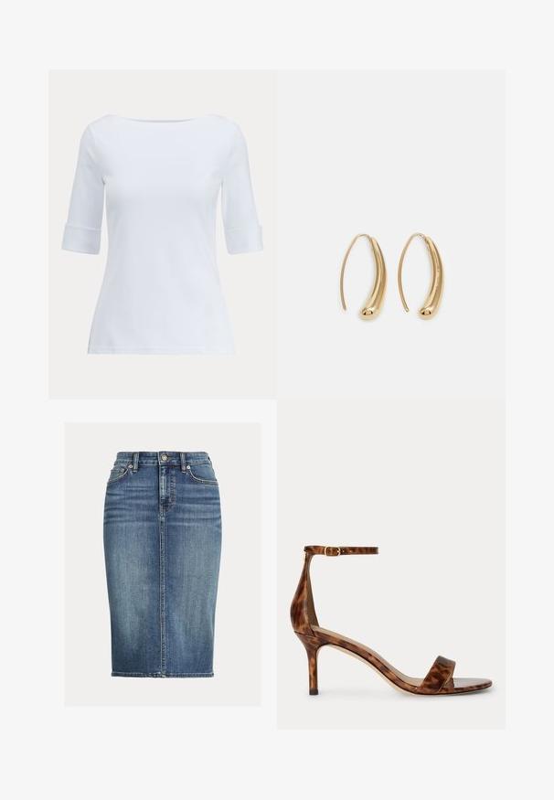 Weißes figurbetontes Damenoberteil mit Dreiviertelärmeln und einem breiten, abgerundeten Ausschnitt.; Denim-Midirock in Mittelblau mit geradem Schnitt, Taschen vorne und hinten sowie dezentem Verblassen im Stoff für zusätzliche Textur.; Braune Schildpatt-Sandalette mit hohem Absatz, schmalem Knöchelriemen und Schnalle, offener Spitze und mittelhohem Absatz.; Goldfarbene Metall-Hoops mit einer geschwungenen, länglichen Form. Sie verfügen über eine glatte, glänzende Oberfläche und eine abgerundete Spitze für zusätzliche Details.