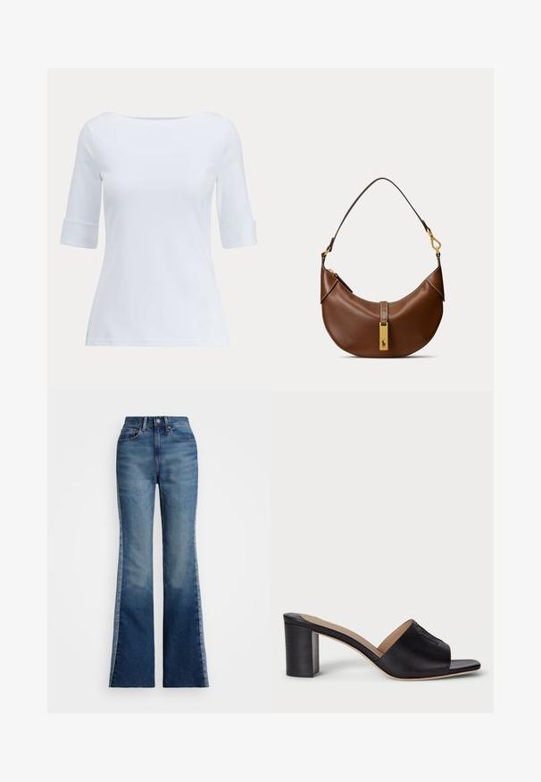 Weißes figurbetontes Damenoberteil mit Dreiviertelärmeln und einem breiten, abgerundeten Ausschnitt.; Polo Ralph Lauren FLARE JEAN - Flared Jeans - boyne wash; Schwarze Leder-Sandalen mit blockiertem Absatz, offenem Zeh und geprägtem Logo-Detail. Glatte Oberfläche mit einem strukturierten Design für Stabilität.; Braune, halbmondförmige Ledertasche mit einem einzigen Riemen und einem goldenen rechteckigen Anhänger mit einem Pferdelogo.