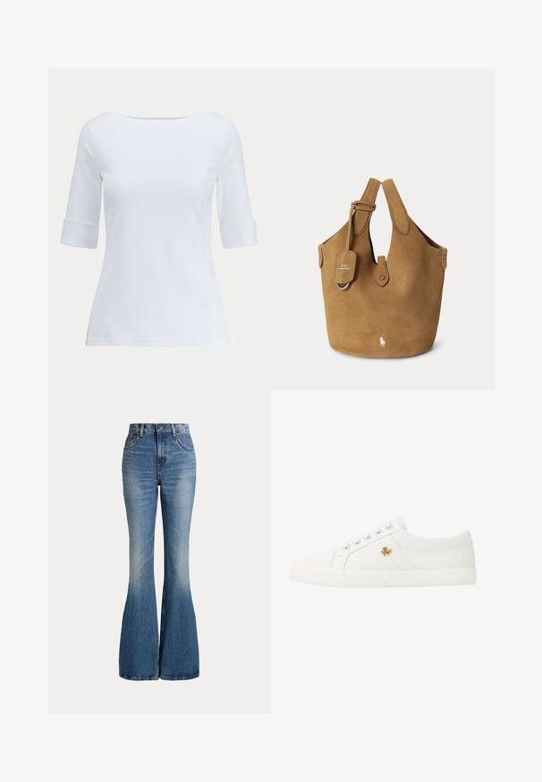 Weißes figurbetontes Damenoberteil mit Dreiviertelärmeln und einem breiten, abgerundeten Ausschnitt.; Hoch taillierte blaue Denim-Jeans mit ausgestellten Beinen und leichtem Verblassen im vorderen Oberschenkelbereich, vor weißem Hintergrund gezeigt.; Lauren Ralph Lauren JANSON II CANVAS SNEAKER - Sneaker low - optic white; Braune Wildleder-Tote-Bag mit doppelten Griffen, einem kleinen Etikett, Knopfverschluss und weißem Polo Ralph Lauren-Logo auf der Vorderseite.