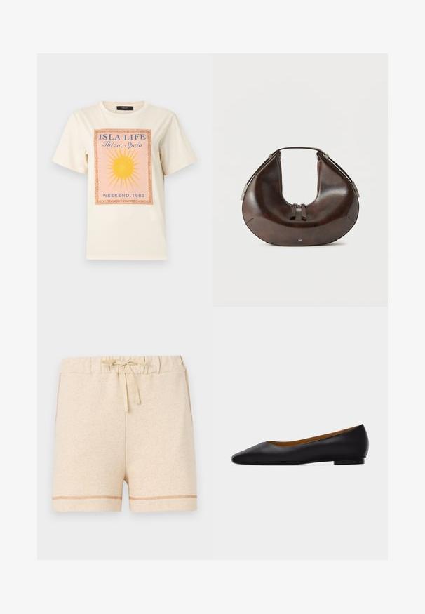 T-shirt à manches courtes de couleur crème avec un graphisme de soleil jaune et le texte "ISLA LIFE Ibiza, Espagne WEEKEND, 1983" au centre devant.; Shorts en coton beige avec une taille élastique et un cordon de serrage. Dotés d'une couture contrastante le long de l'ourlet et des côtés.; Chaussure plate en cuir noir à bout pointu avec talon bas et finition lisse, vue de côté sur un fond gris clair.; Sac à main en cuir brun foncé en forme de croissant avec poignée supérieure et double curseur de fermeture éclair, présenté sur un fond clair uni.