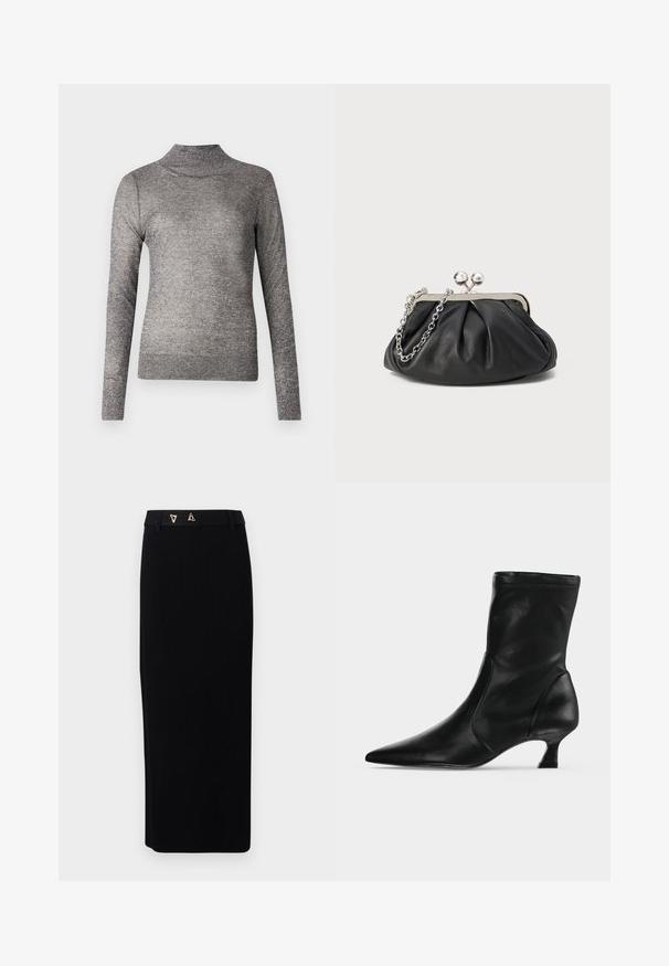 Suéter gris de cuello vuelto con mangas largas, elaborado en un tejido de punto brillante. Presenta un diseño ajustado y un cuello acanalado.; AERON FORUM - Falda de tubo - black; Bota negra de cuero hasta media pantorrilla con puntera puntiaguda y tacón bajo tipo kitten, vista de lado sobre un fondo claro y liso.; Clutch de cuero negro con textura arrugada, marco de metal en tono plateado, cierre de beso y cadena para colgar. Superficie suave y lisa.