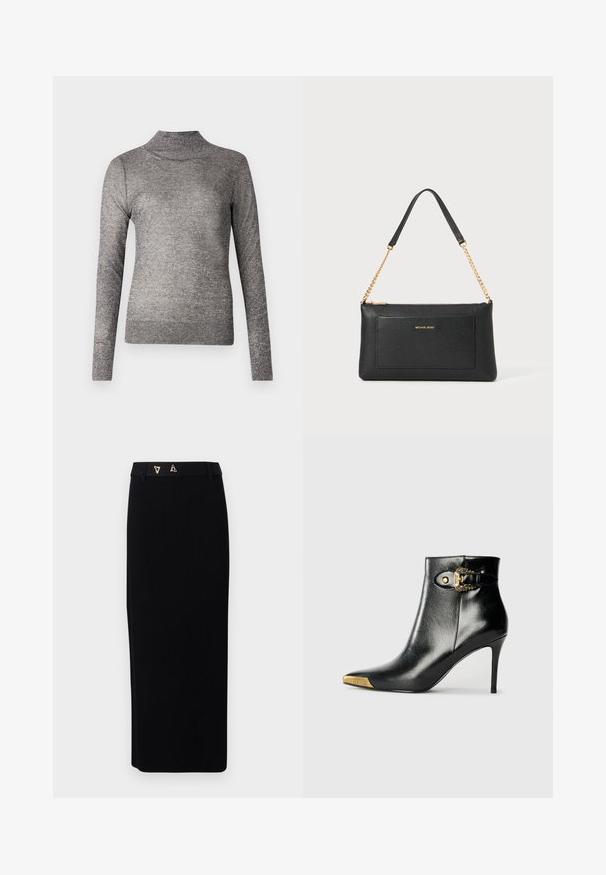Grå turtleneck sweater med lange ærmer, lavet af et glitrende strikket stof. Har et tætsiddende design og en ribbet krave.; AERON FORUM - Pencil skirt - black; Sort ankelstøvle lavet af skinnende læder med spids tå, stilet hæl og guldfarvet hardware med en dekorativ spænde-detalje.; Sort læder clutch med pebble-tekstur, guld kædestrop og en frontlomme. Har et guld logo på forsiden.