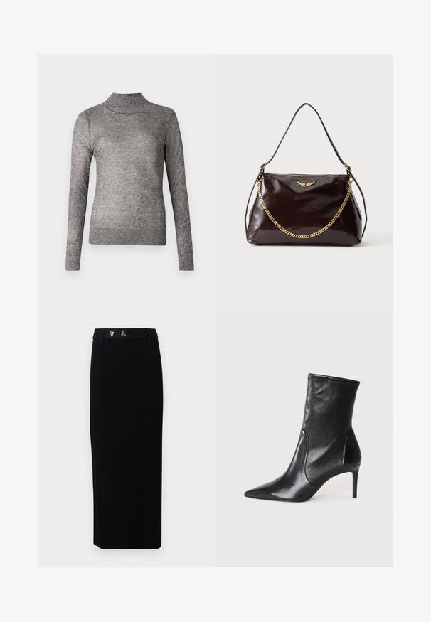 Grå turtleneck sweater med lange ærmer, lavet af et glitrende strikket stof. Har et tætsiddende design og en ribbet krave.; AERON FORUM - Pencil skirt - black; Sorte ankelstøvler lavet af glat læder, med spids tå, tætsiddende skaft og en slank høj hæl. Minimalistisk design uden synligt hardware.; Mørkebrun blank læderhåndtaske med et gyldent vingeemblem, gyldent kædedetalje og en tynd læder skulderrem på en ensfarvet baggrund.