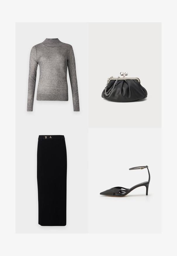 Grå turtleneck sweater med lange ærmer, lavet af et glitrende strikket stof. Har et tætsiddende design og en ribbet krave.; AERON FORUM - Pencil skirt - black; Sort læder højhælet sko med spids tå, åbne sider og en tynd ankelrem med en lille guld detalje.; Sort læder clutch med samlet tekstur, sølvfarvet metalramme, kys-lås lukning og kædestrop. Glat, blød overflade.