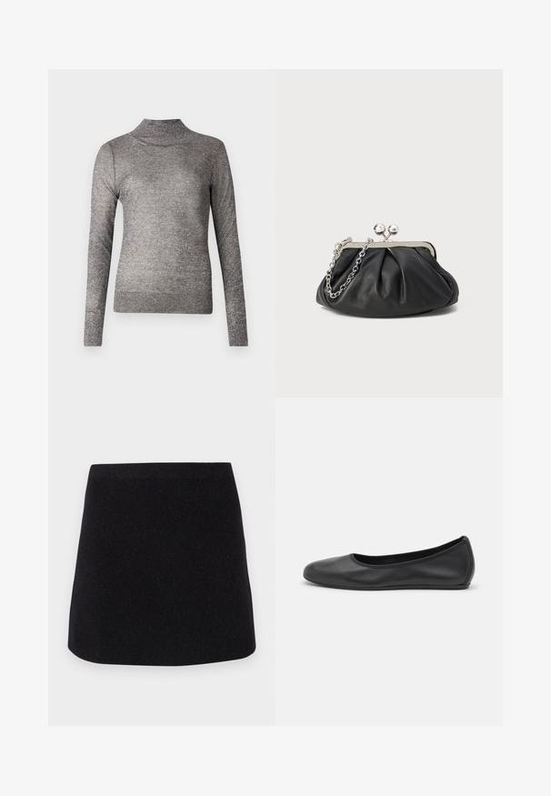 Grijze turtleneck trui met lange mouwen, gemaakt van een glinsterende brei-stof. Beschikt over een aansluitend ontwerp en een geribbelde kraag.; CLOSED A-lijn rok - black; Zwarte leren ballerina met een ronde neus, gladde textuur, minimale stikdetails en een flexibele zoolontwerp.; Zwarte leren clutch met geplooide textuur, zilverkleurig metalen frame, drukknopsluiting en kettingriem. Glad, zacht oppervlak.