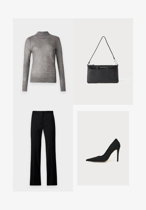 Grå turtleneck sweater med lange ærmer, lavet af et glitrende strikket stof. Har et tætsiddende design og en ribbet krave.; Sorte lige bukser i glat stof med flad front, bæltestropper og uden synlige lommer eller udsmykninger.; Sort spids stilet med tynd hæl, fotograferet fra siden på hvid baggrund.; Sort læder håndledspung, tekstureret overflade, lynlås lukning, sølvfarvet hardware, mærkelogo, justerbar rem. Kompakt og rektangulær form.