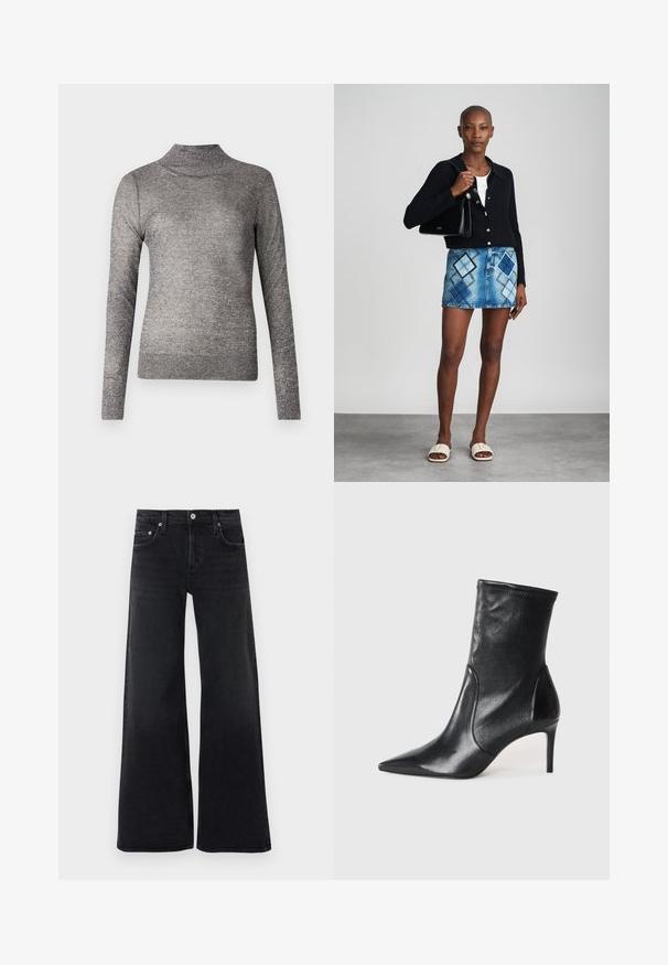 Grijze turtleneck trui met lange mouwen, gemaakt van een glinsterende brei-stof. Beschikt over een aansluitend ontwerp en een geribbelde kraag.; Zwarte high-waist jeans met wijde pijpen, voorzijde met knopen en ritssluiting, riemlussen en klassiek ontwerp met vijf zakken.; Zwarte enkelboots van soepel leer, met een spitse neus, een aangesloten schacht en een slanke hoge hak. Minimalistisch ontwerp zonder zichtbare hardware.; Zwarte gebreide cardigan, witte top, denimrok met blauw en zwart ruitpatroon, zwarte handtas en beige instapsandalen.