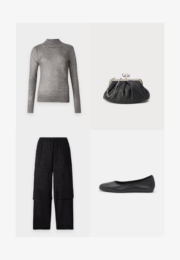 Grå turtleneck sweater med lange ærmer, lavet af et glitrende strikket stof. Har et tætsiddende design og en ribbet krave.; Henrik Vibskov SHANTS PANTS - Bukser - black; Sort læderballetsko med rund tå, glat tekstur, minimal syning og et fleksibelt såldesign.; Sort læder clutch med samlet tekstur, sølvfarvet metalramme, kys-lås lukning og kædestrop. Glat, blød overflade.