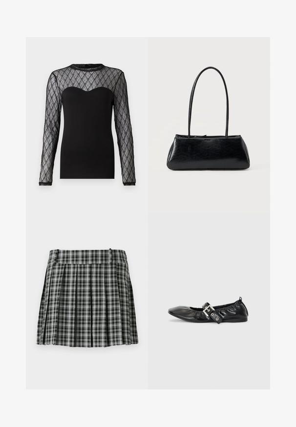 Top negro de manga larga con un yugo de malla transparente de patrón con formas de diamante. Tejido suave debajo del yugo con un escote en forma de ondas.; Falda plisada de cuadros en blanco y negro con una cintura suave y múltiples pliegues verticales. Fabricada en un tejido ligero.; Zapato plano de piel negra con puntera afilada, detalle fruncido alrededor de la abertura y un acento de hebilla plateada en la correa ajustable.; Bolso de hombro rectangular negro con correas largas y delgadas y una textura lisa y brillante sobre un fondo liso.