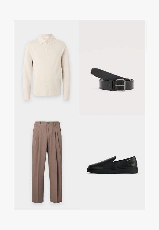Beige langærmet sweater med krave og en kort lynlås foran, vist på hvid baggrund.; Brune plisserede bukser med bæltestropper, forreste knap og lynlåslukning, vist mod en hvid baggrund.; Enkelt sort læder slip-on sko med tyk sål og "HUGO" branding i guld nær hælen på en ensfarvet lysegrå baggrund.; Sort læderbælte snoet med sølvrektangulært metalklips på en ensfarvet lys baggrund.