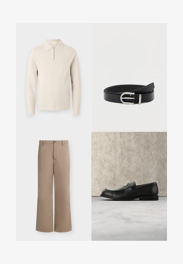 Beige langærmet sweater med krave og en kort lynlås foran, vist på hvid baggrund.; Beige bukser med lige ben, knap- og lynlås-lukning, bæltestropper og sidelommer på ensfarvet baggrund.; Sort læderloafer med metalbrandskilt hvilende nær et brunt rundt bord på beige tæppe.; Sort faux læderbælte med krokodillemønster og en sølvfarvet rund spænde, snoet på en ensfarvet hvid baggrund.