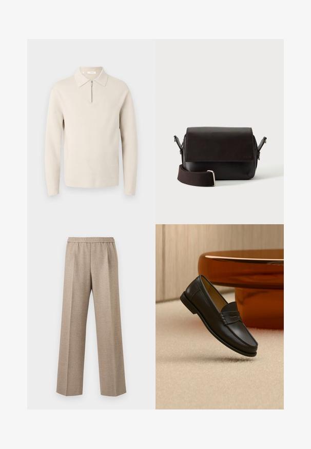 Beige langærmet sweater med krave og en kort lynlås foran, vist på hvid baggrund.; Beige bukser med lige ben, elastisk talje og pressede folder foran på hvert ben.; Sort læder loafer-sko hængende over beige tæppe med ravfarvet moderne møblement i baggrunden.; Mørkebrun lædertaske med flaplukning og justerbar stofrem på hvid baggrund.