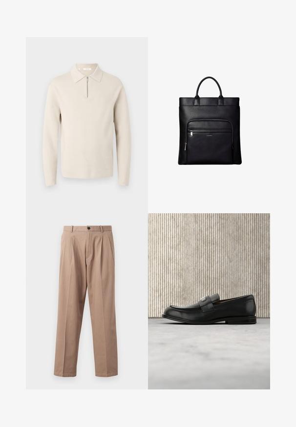 Pull beige à manches longues avec un col et une courte fermeture éclair à l’avant, présenté sur un fond blanc.; Pantalon beige en coton, à coupe droite, avec plis à l'avant, fermeture à bouton et poches latérales. Texture lisse.; Mocassin en cuir noir avec une plaque de marque en métal reposant près d'une table ronde marron sur un sol recouvert de moquette beige.; Sac cabas en cuir noir avec anses supérieures et poche avant zippée portant un petit logo Calvin Klein sur la poche.