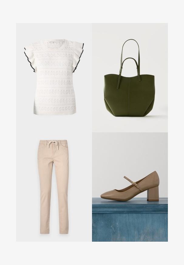 Hvid strikket top med et tekstureret mønster og flæseærmer. Accentueret med en sort kant langs ærmet.; Beige stribede bomuldsbukser med elastisk talje, tapered ben og to forlommer. Glat tekstur, afslappet design.; Beige læderpumpe med blokhæl, rundet tå og en dekorativ strop med en gylden spænde. Glat tekstur, minimalistisk design.; Olivengrøn mulepose med to lange hanke, struktureret krop, rene linjer og glat tekstur på en ensfarvet lys baggrund.