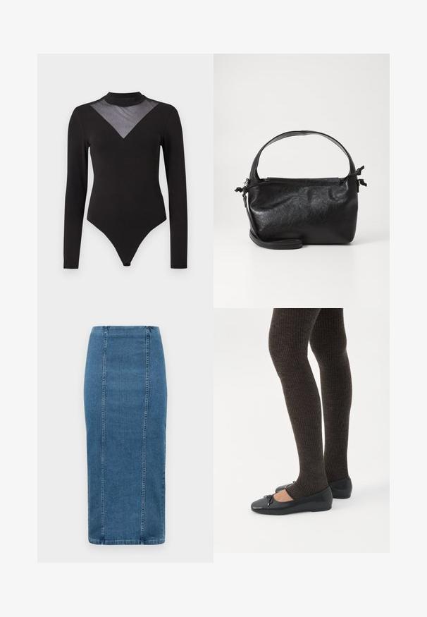 Sort langærmet bodysuit med høj hals og gennemsigtig mesh V-formet panel prydet med små glitrende detaljer på brystet.; Blå denim blyantskørt med lodrette sømme og høj talje, der går til under knæet, vist på en hvid baggrund.; Ben iført mørke ribbede leggings kombineret med sorte balletsko med små sløjfedetaljer på hvid baggrund.; Sort læderhåndtaske med et struktureret design, rund tophåndtag og aftagelig skulderrem. Den har en glat tekstur og en subtil glans.