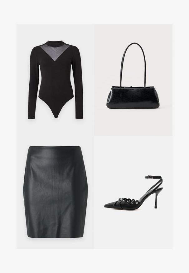Sort langærmet bodysuit med høj hals og gennemsigtig mesh V-formet panel prydet med små glitrende detaljer på brystet.; Sort faux læder mini skirt med en glat tekstur, slim fit og lige pasform. Ingen synlig hardware eller udsmykninger.; Sort spids hæl med bølgede kanter, metaløjer, snørelukning foran og ankelrem med spænde.; Sort rektangulær skuldertaske med lange tynde stropper og en glat, blank tekstur på en ensfarvet baggrund.