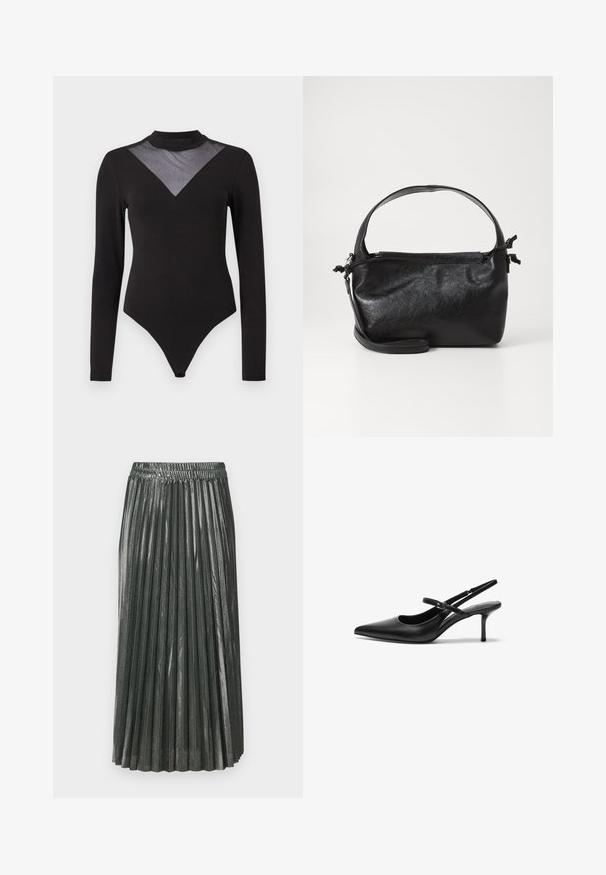 Sort langærmet bodysuit med høj hals og gennemsigtig mesh V-formet panel prydet med små glitrende detaljer på brystet.; Metallic grøn plisseret nederdel med elastisk talje. Har smalle, vertikale plisser og et mellemlangt design, der skaber en struktureret silhuet.; Sorte læder slingback hæle med spids tå, slank justerbar rem og en stiletto hæl på cirka 5 cm, glat tekstur.; Sort læderhåndtaske med et struktureret design, rund tophåndtag og aftagelig skulderrem. Den har en glat tekstur og en subtil glans.