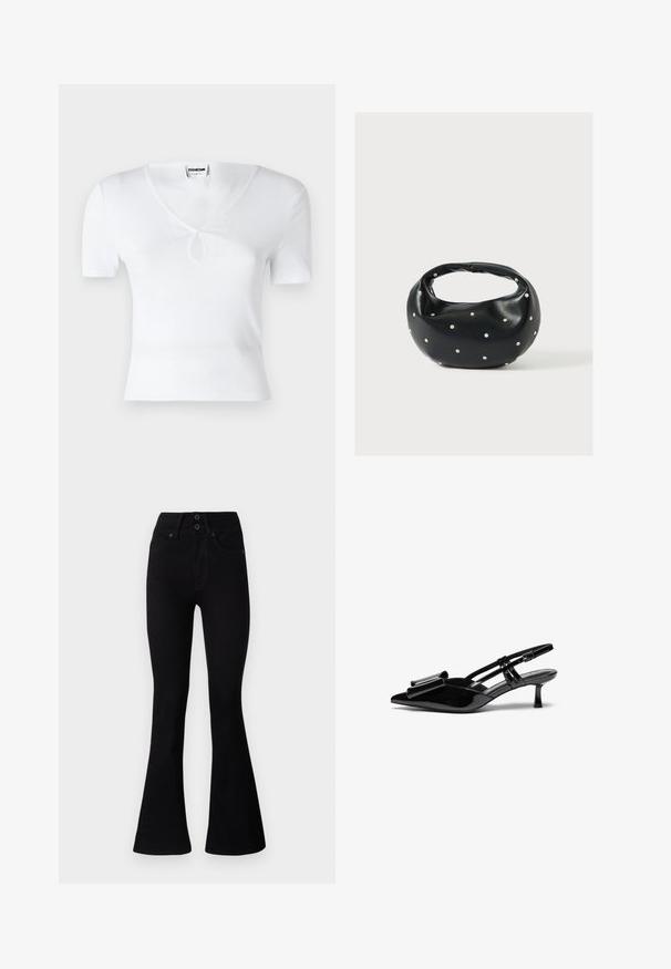 Valge ribaga lühikeste varrukatega särk V-kaeluse ja keskel asuva võtmeauguga detailiga. Kitsas lõige, sile tekstuur ja minimalistisch disain.; Pepe Jeans FLARE CONTOUR - Alt laienevad teksad - black denim; Mustad läikivad nahkjalatsid, millel on terav varvas, ees viigivöönd ja väike stiletto konts. Rihmad on reguleeritavate pandlitega.; Mustast nahast ümmarguse kujuga käekott, kaunistatud hõbedaste naeladega, lühikese sangaga. Sile tekstuur ja tõmblukuga sulgemine.