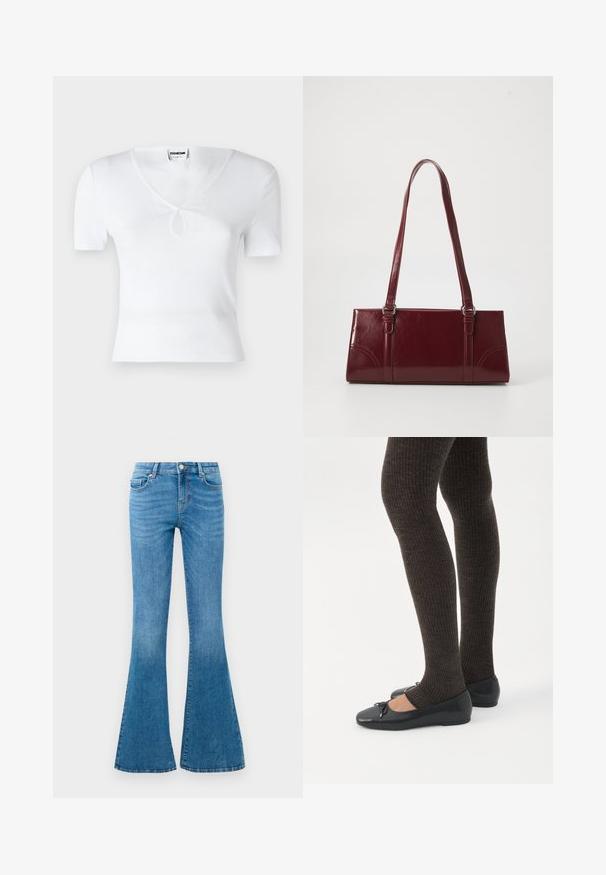 Hvid ribbet kortærmet top med V-hals og en central nøglehulsmulighed. Tæt siddende form, glat tekstur og minimalistisk design.; Blå denim flared jeans med mellemhøj talje, der har fem lommer, en standard knaplukning og let falmning for struktur.; Ben iført mørke ribbede leggings kombineret med sorte balletsko med små sløjfedetaljer på hvid baggrund.; Bordeaux håndtaske lavet af glansfuldt materiale, rektangulær form, med to skulderremme og subtile buede detaljer på forsiden.