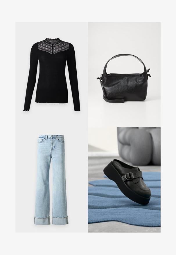 Sort langærmet tætsiddende top med høj blondekrave og blondedragt, der har blomstermønstre og striber.; Lysblå denim jeans med brede ben, frynset kant og dekorative rhinsten detaljer ved manchetterne. Standard fem-lomme design.; Sort læder platform mule med en stor spænde detalje, hvilende på et struktureret, bølget blåt tæppe og en sløret grå baggrund.; Sort læderhåndtaske med et struktureret design, rund tophåndtag og aftagelig skulderrem. Den har en glat tekstur og en subtil glans.
