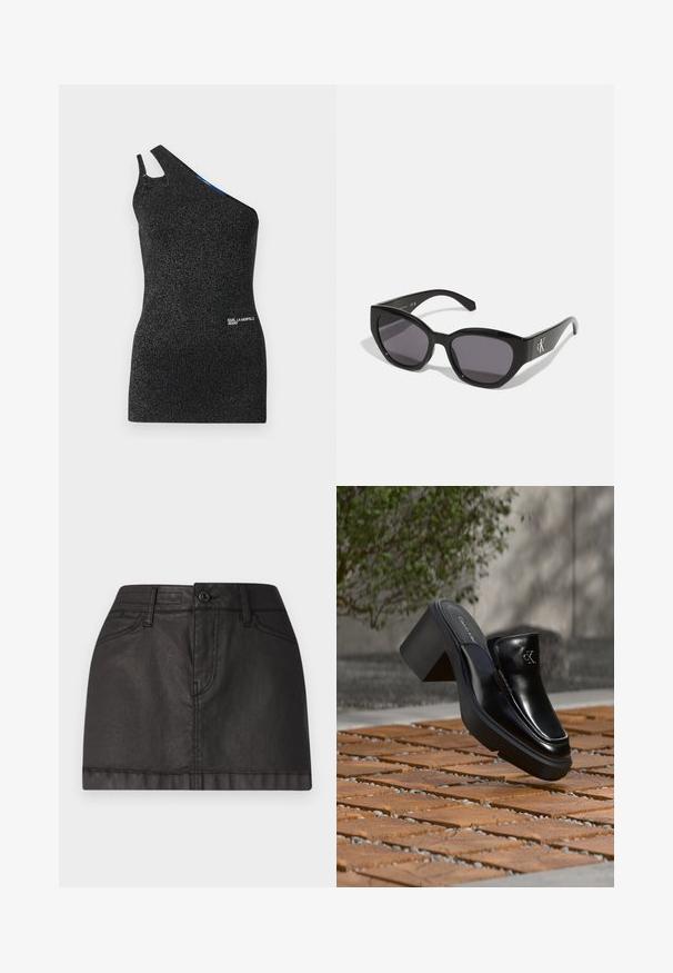 Schwarzes, einseitig gelegtes Oberteil aus strukturierter Stoff mit metallischen Fäden. Verfügt über einen Ausschnitt an der Schulter und ein Logodetail am Saum.; Schwarzer Denim-Minirock mit einer Knopfleiste vorne, Gürtelschlaufen und zwei vorderen Taschen. Glatte Textur mit subtiler Ausstrahlung.; Schwarze Leder-Slip-on-Mule von Calvin Klein mit Blockabsatz, die auf Holzfliesen im Freien nahe einer grünen Pflanze und einer grauen Wand ruht.; Schwarze Sonnenbrille mit einem schlanken, kantigen Design, dunklen Gläsern und einem kontrastierenden silbernen Logo an der Seite. Glatte Kunststoffoberfläche.