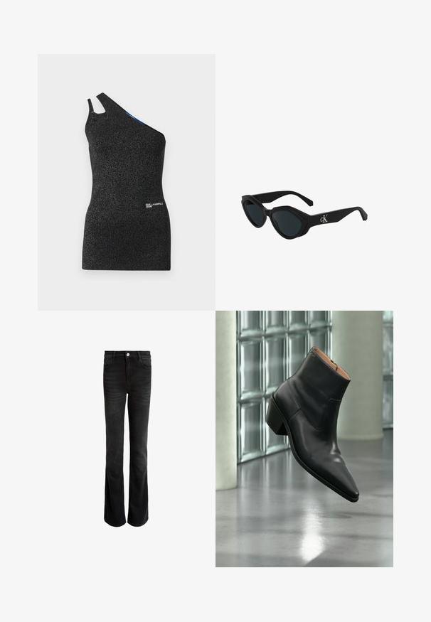 Čierny top na jedno rameno vyrobený z textúrovaného materiálu s kovovými vláknami. Má výrez na ramene a detail loga na leme.; Čierne rozšírené džínsy vyrobené z denimu, s vysokým pásom, piatimi vreckami a strieborným zapínaním. Hladká textura s jemným vyblednutím.; Čierna kožená členková obuv s ostrou špičkou a blokovým podpätkom vznášajúca sa nad odrazovou sivou podlahou pri stene zo sklenených blokov.; Čierne slnečné okuliare v štýle mačacích očí s lesklým povrchom, tmavými sklami a logom "cK" na spánku. Ostrý dizajn a hrubé rámy.