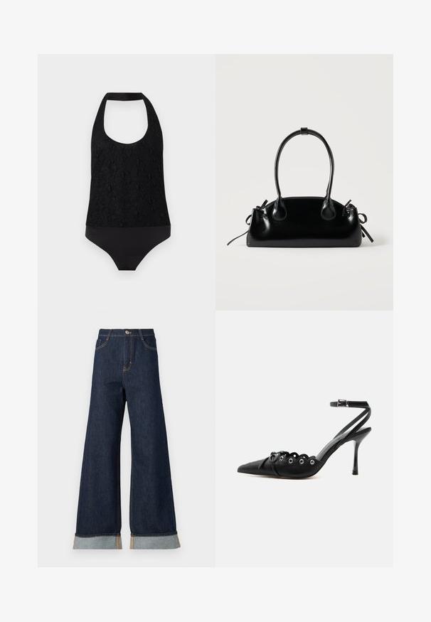 Body noir à col halter avec dentelle florale texturée sur le haut et tissu lisse en bas, présenté à plat sur fond blanc.; Jean en denim foncé à jambes larges avec des coutures orange, présentant une taille haute, deux poches avant et des ourlets retroussés mettant en valeur un tissu contrastant bleu clair.; Chaussure à talon haut noire à bout pointu, bords festonnés, œillets métalliques, lacets à l'avant et bride de cheville avec fermeture à boucle.; Petit sac à main noir brillant avec deux longues anses et des détails à cordon sur les côtés sur un fond clair uni.