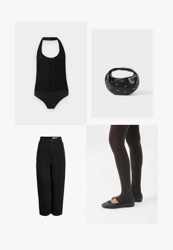 Body noir à col halter avec dentelle florale texturée sur le haut et tissu lisse en bas, présenté à plat sur fond blanc.; Pantalons larges noirs en tissu de coton texturé, avec une fermeture à bouton, des passants de ceinture et quatre poches.; Jambes portant des leggings côtelés foncés associés à des ballerines noires avec de petits détails en nœud sur fond blanc.; Sac à main en cuir noir de forme arrondie, décoré de clous argentés et équipé d'une poignée courte. Texture lisse et fermeture éclair.