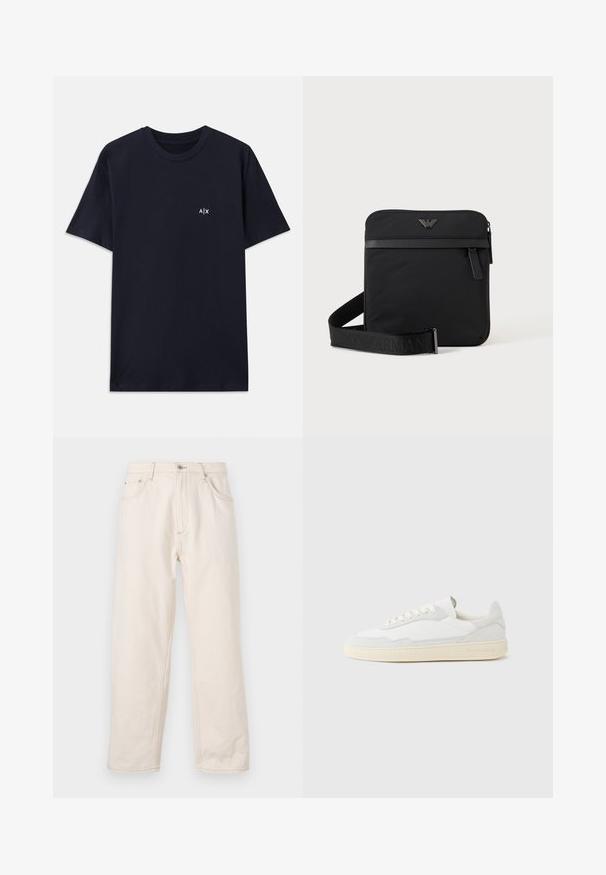 Marineblaue Baumwoll-T-Shirt mit kurzen Ärmeln und Rundhalsausschnitt. Mit einem kleinen weißen "A|X"-Logo auf der linken Brustseite.; Beige gleich geschnittene Jeans aus Denim, mit Knopfverschluss, fünf Taschen und sichtbaren Nähten. Glatte Textur.; Weißer Sneaker mit strukturiertem Obermaterial aus Wildleder und Leder. Verfügt über eine runde Zehenpartie, Schnürverschluss und eine kontrastierende beige Gummisohle.; Schwarze quadratische Schultertasche mit Reißverschluss, Vordertasche und verstellbarem Riemen mit eingeprägtem Markennamen.
