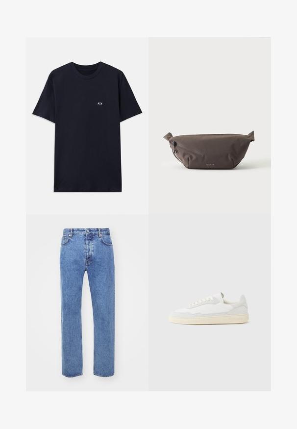 Marineblaue Baumwoll-T-Shirt mit kurzen Ärmeln und Rundhalsausschnitt. Mit einem kleinen weißen "A|X"-Logo auf der linken Brustseite.; Won Hundred STEVE - Jeans Relaxed Fit - cut blue; Weißer Sneaker mit strukturiertem Obermaterial aus Wildleder und Leder. Verfügt über eine runde Zehenpartie, Schnürverschluss und eine kontrastierende beige Gummisohle.; Dunkelbraune Stoff-Gürteltasche mit diagonalem Reißverschlussfach und kleinem weißen Logo vorne, vor einem einfarbigen hellen Hintergrund.