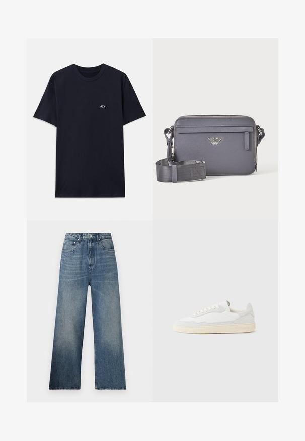 T-shirt en coton bleu marine à manches courtes et col rond. Présente un petit logo blanc "A|X" sur le côté gauche de la poitrine.; Jean large en denim bleu à taille haute, avec une légère décoloration, cinq poches et une fermeture à bouton en métal à l'avant.; Baskets blanches avec dessus en daim et cuir texturé. Caractérisées par un bout arrondi, une fermeture à lacets et une semelle en caoutchouc beige contrastante.; Sac bandoulière rectangulaire gris foncé avec sangle réglable, poche avant zippée et emblème de logo argenté.