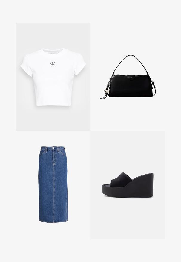 Weißes, kurzes T-Shirt aus geripptem Material. Mit Rundhalsausschnitt und kurzen Ärmeln. Schwarzes, gesticktes "cK"-Logo auf der Brust.; Denim-Midirock in Mittelblau mit geradem Schnitt, vorderem Knopfverschluss, zwei Seitentaschen und sichtbaren Nähten für Textur.; Schwarze Keil-Sandalette mit geschlossener Zehenpartie aus Stoff und hoher, durchgehender Sohle vor schlichtem hellen Hintergrund.; Schwarze, rechteckige Calvin Klein Handtasche mit einem einzelnen Tragegriff oben, silbernem Logo-Anhänger und kleinem Klappverschluss auf der Vorderseite.