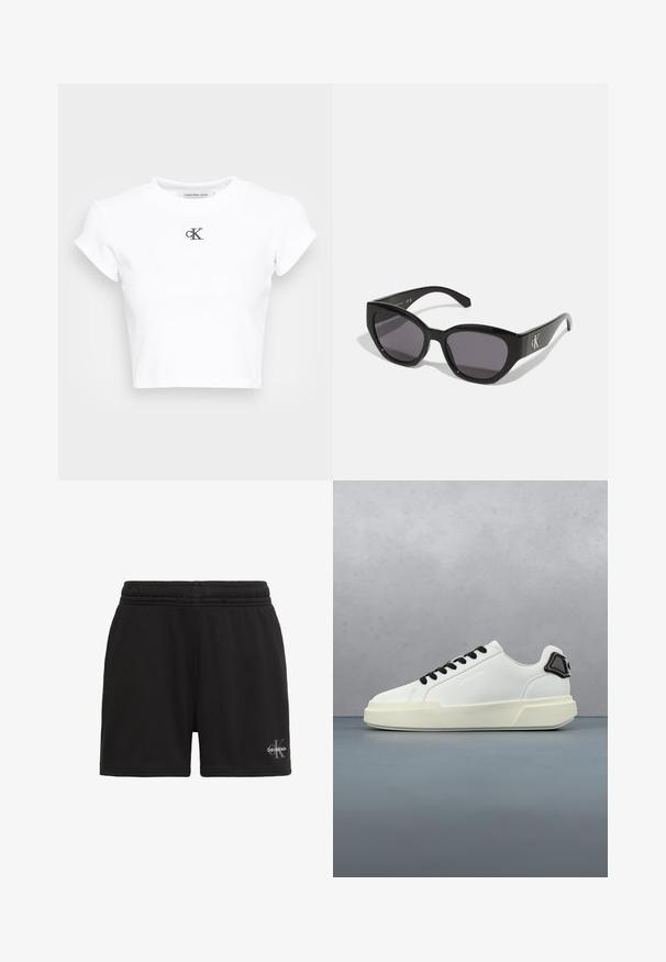Weißes, kurzes T-Shirt aus geripptem Material. Mit Rundhalsausschnitt und kurzen Ärmeln. Schwarzes, gesticktes "cK"-Logo auf der Brust.; Schwarze Shorts mit elastischem Bund und Calvin Klein-Logo am unteren rechten Bein, auf weißem Hintergrund dargestellt.; Weißer Sneaker mit schwarzen Schnürsenkeln und Fersendetail, der über einer Holzblockoberfläche im Freien in der Nähe von grünem Laub und einer Betonwand schwebt.; Schwarze Sonnenbrille mit einem schlanken, kantigen Design, dunklen Gläsern und einem kontrastierenden silbernen Logo an der Seite. Glatte Kunststoffoberfläche.