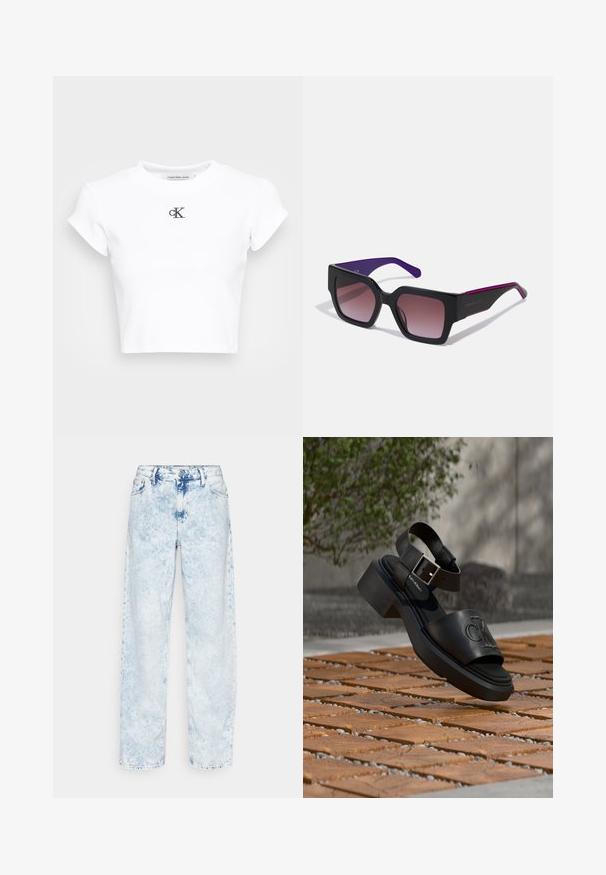 Weißes, kurzes T-Shirt aus geripptem Material. Mit Rundhalsausschnitt und kurzen Ärmeln. Schwarzes, gesticktes "cK"-Logo auf der Brust.; Calvin Klein Jeans 90'S STRAIGHT - Jeans Straight Leg - denim light; Schwarze Leder-Sandale von Calvin Klein mit Knöchelriemen und Schnalle, schwebt über einem Boden aus Holz und Steinplatten im Freien.; Schwarze rechteckige Sonnenbrille mit verlaufenden Gläsern, lila Bügeln und eleganten Kanten. Verfügt über eine matte Oberfläche und ein dezentes Logo am Bügel.
