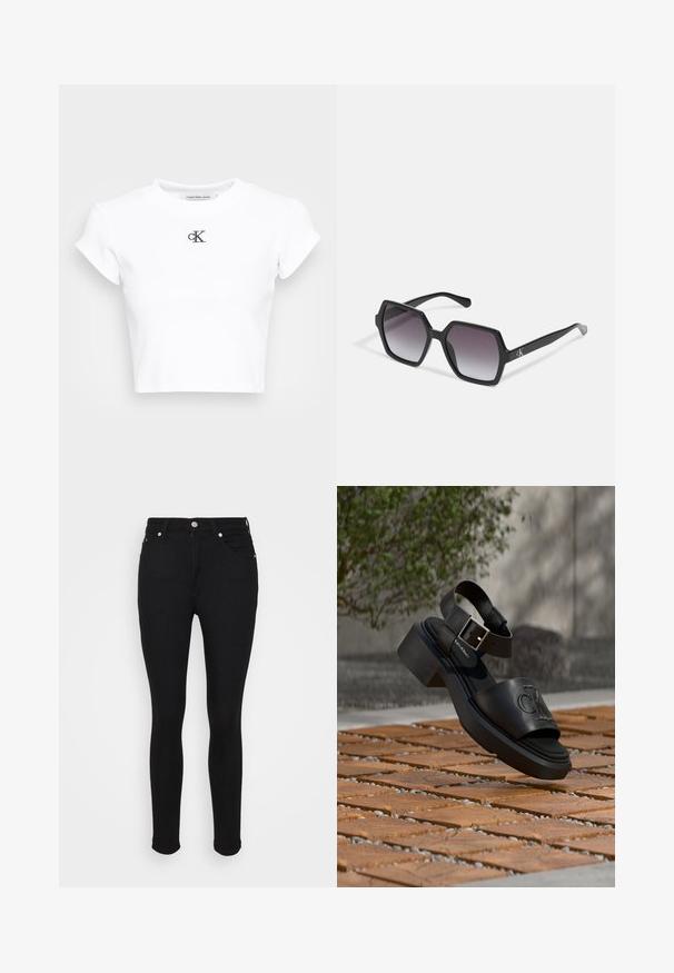 Weißes, kurzes T-Shirt aus geripptem Material. Mit Rundhalsausschnitt und kurzen Ärmeln. Schwarzes, gesticktes "cK"-Logo auf der Brust.; Schwarze, hochgeschnittene Skinny-Jeans mit Frontknopf, Reißverschluss und Fünf-Taschen-Design auf einem flachen weißen Hintergrund dargestellt.; Schwarze Leder-Sandale von Calvin Klein mit Knöchelriemen und Schnalle, schwebt über einem Boden aus Holz und Steinplatten im Freien.; Schwarze hexagonale Sonnenbrille mit Verlaufsgläsern, glänzender Oberfläche und dezentem Branding am Bügel. Aus langlebigem Kunststoff gefertigt.