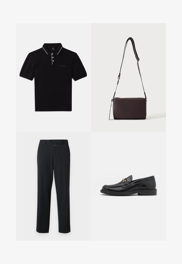 Polo noir en coton avec col, trois boutons, accents blancs et un logo discret sur le devant. Manches courtes.; Pantalon noir à coupe droite, en tissu lisse. Il présente une fermeture à bouton à l'avant et des détails de couture subtils. Conception simple sans motifs.; Mocassins en cuir noir avec un embout rond, présentant des accents en métal doré et des détails de couture, montés sur une semelle en caoutchouc texturé et basse.; Sac bandoulière en cuir marron foncé texturé avec une sangle réglable et un petit accent décoratif bleu sur le côté.