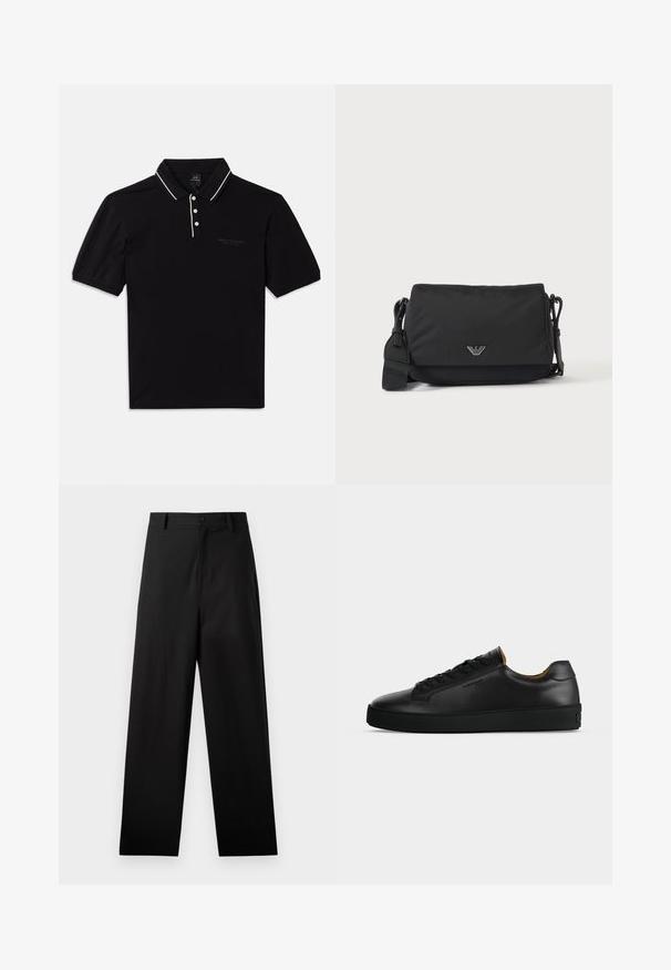 Polo noir en coton avec col, trois boutons, accents blancs et un logo discret sur le devant. Manches courtes.; Pantalons noirs en coton avec une coupe droite, dotés d'une fermeture à bouton à l'avant et de poches latérales. Texture lisse, sans motifs.; Basket basse en cuir noir avec lacets noirs, semelle en caoutchouc texturée et petit logo embossé sur le côté, présenté de profil sur fond gris.; Sac bandoulière noir avec sangle réglable et petit emblème logo argenté sur le rabat avant, présenté sur un fond clair uni.