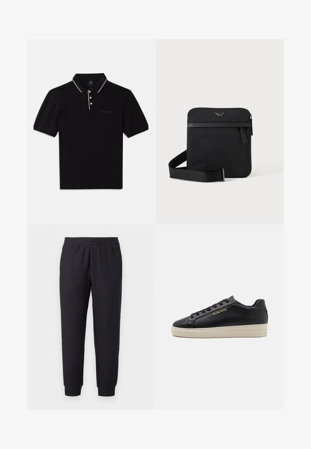 Polo noir en coton avec col, trois boutons, accents blancs et un logo discret sur le devant. Manches courtes.; Pantalon de survêtement noir à coupe conique avec taille et poignets élastiques, présentant un motif texturé subtil et des poches latérales.; Sneaker en cuir noir avec une finition lisse, semelle crème contrastante, bout arrondi, logo doré sur le côté et six œillets pour les lacets.; Sac bandoulière carré noir avec fermeture éclair, poche avant et sangle réglable avec nom de marque embossé.