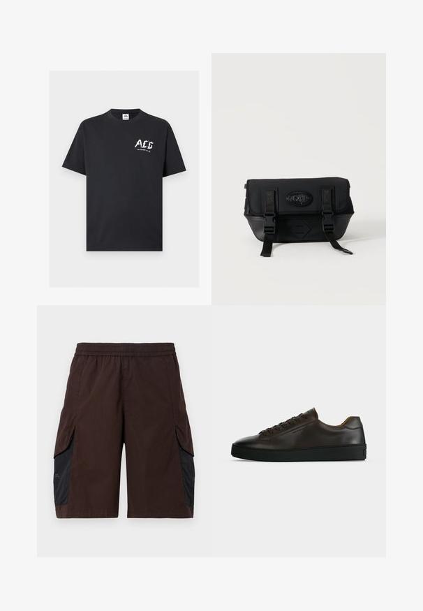 Μαύρο κοντομάνικο t-shirt με λαιμόκοψη και λευκό λογότυπο "ACG" και μικρό κείμενο "FOR OUTDOOR USE" στην αριστερή πλευρά του στήθους.; Καφέ σορτς με ελαστική μέση, που διαθέτει μαύρες πλαϊνές πάνελ και τσέπες. Το υλικό φαίνεται ελαφρύ με λεία υφή.; Αθλητικό παπούτσι με χαμηλό προφίλ από σκούρο καφέ δέρμα, μαύρη καουτσούκ σόλα, μπροστινό δέσιμο με κορδόνια και απλό, μινιμαλιστικό σχεδιασμό σε ανοιχτό φόντο.; Μαύρο τσαντάκι Moschino χιαστί με μπροστινό καπάκι, δύο λουράκια με αγκράφες και έμβλημα λογότυπου σε απλό ανοιχτό φόντο.