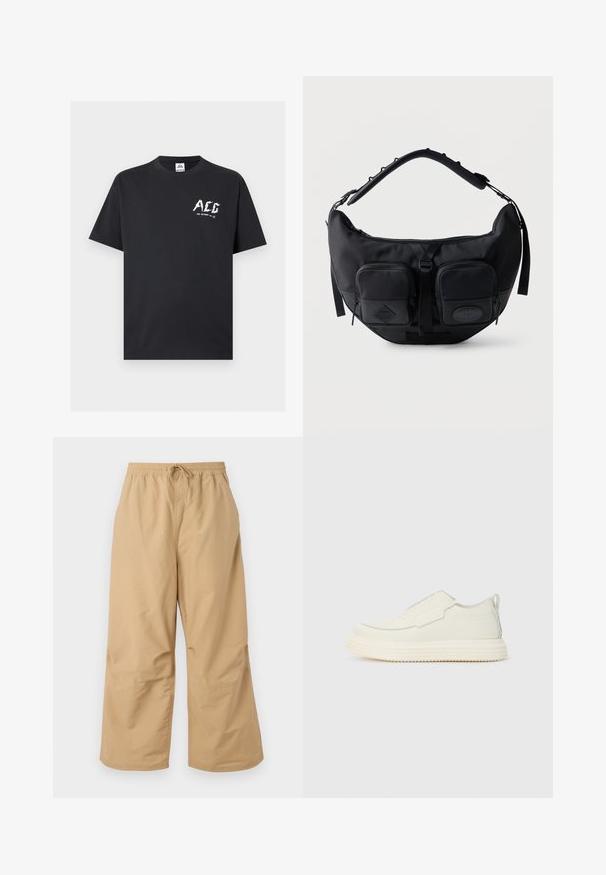 Μαύρο κοντομάνικο t-shirt με λαιμόκοψη και λευκό λογότυπο "ACG" και μικρό κείμενο "FOR OUTDOOR USE" στην αριστερή πλευρά του στήθους.; Μπεζ παντελόνια σε φαρδιά γραμμή, κατασκευασμένα από ελαφρύ ύφασμα, με ελαστική μέση που διαθέτει κορδόνι και ραμμένα διακοσμητικά κοντά στο τελείωμα.; Slip-on αθλητικό παπούτσι σε εκρού με υφή, με χοντρή, ραβδωτή σόλα. Διαθέτει ελάχιστες ραφές και διακριτική γαλάζια λεπτομέρεια.; Μαύρη τσάντα ώμου σε σχήμα ημισελήνου με επενδεδυμένο ρυθμιζόμενο λουράκι και δύο μπροστινές θήκες με φερμουάρ και ταινίες έλξης.