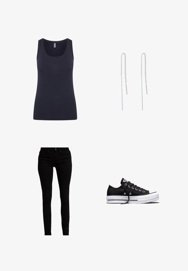 Tirantes de color azul marino con escote redondeado y tirantes anchos, fabricado en tejido suave y elástico. Diseño simple sin patrones ni acentos.; Pantalones vaqueros skinny negros de denim, con un diseño clásico de cinco bolsillos, una cintura de altura media y sutiles detalles de hardware metálico.; Zapatilla deportiva negra de lona de corte bajo con suela plataforma de goma blanca, cordones negros y ojales de metal sobre fondo blanco.; Pendientes de cadena plateada con un diseño alargado, que presentan una delicada cadena y colgantes rectos y finos en los extremos. Textura suave.