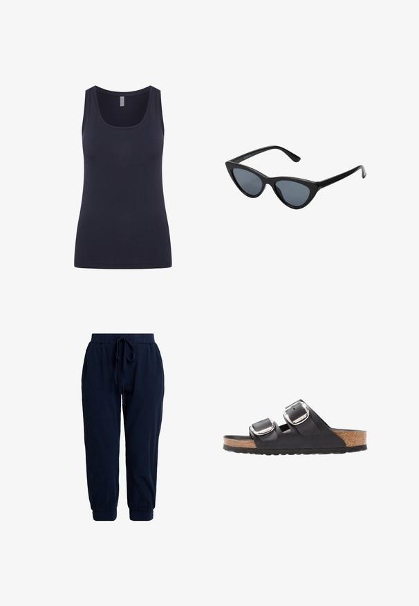 Marineblaue Tank-Top mit rundem Ausschnitt und breiten Tragriemen, aus glattem, dehnbarem Stoff gefertigt. Einfaches Design ohne Muster oder Verzierungen.; Marineblaue Jogginghosen aus weichem Stoff. Verfügen über einen elastischen Bund mit Kordelzug und abgesteppte Beinabschlüsse für eine lockere Passform.; Schwarze Sandale mit zwei verstellbaren Riemen, silbernen Schnallen und einem Korkfußbett auf einer strukturierten schwarzen Gummisohle.; Schwarze Cat-Eye-Sonnenbrille mit dunkelgrauen Gläsern, schlankem Kunststoffrahmen, spitzen Ecken und geraden Bügeln. Keine sichtbaren Befestigungen oder Akzente.