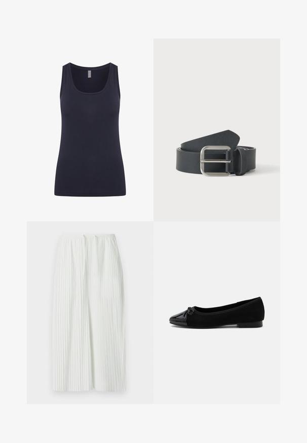 Marineblaue Tank-Top mit rundem Ausschnitt und breiten Tragriemen, aus glattem, dehnbarem Stoff gefertigt. Einfaches Design ohne Muster oder Verzierungen.; Weißer, plissierter Rock mit Kordelzug in der Taille, der vertikale Linien aufweist und eine weiche Textur hat, fällt knapp unter das Knie.; Schwarzer Ballerina mit Lackleder-Spitze, kleinem Schleifendetail und niedrigem Absatz auf weißem Hintergrund.; Schwarzer Ledergürtel, zusammengerollt mit silberner rechteckiger Metallschnalle auf einfachem hellem Hintergrund.